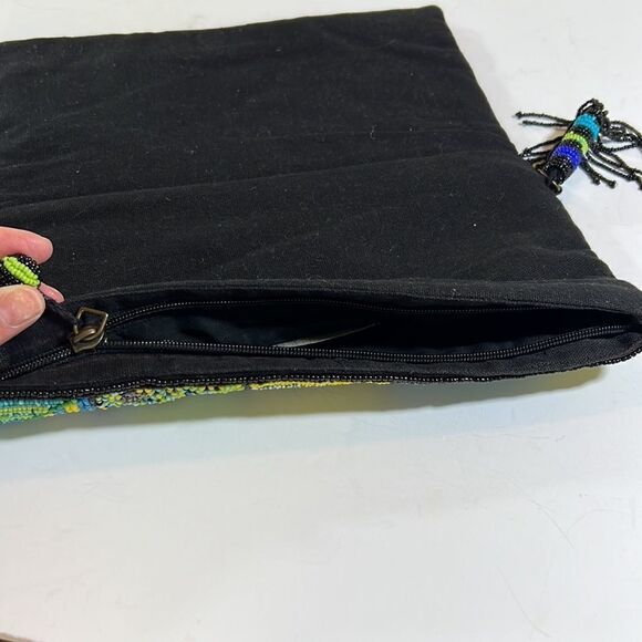 TINTORETTO Women’s Boho Glass Seed Bead Foldover Clutch Black/Blue/Green 6”x 11” - Picture 9 of 15